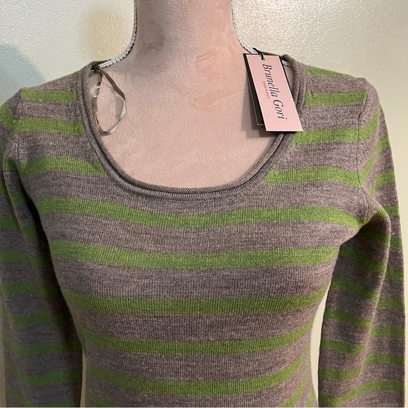 Brunella Gori Womens Morino Wool Made In Italy Sweater Green Bei Stripes M NWT - Picture 3 of 12
